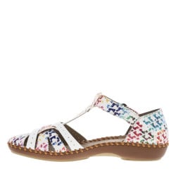 Sandales multicolores à talon compensé bas et à bande auto-agrippante