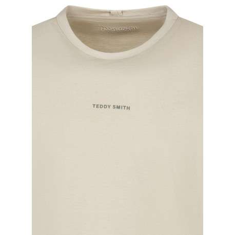 T-shirt en coton beige uni avec une coupe droite et un col rond - Image 3