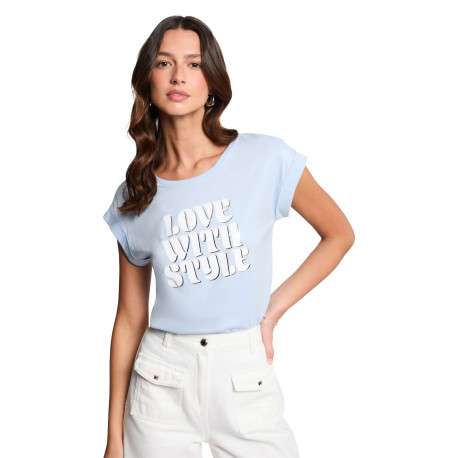 T-shirt ciel imprimé avec une coupe droite à col rond et des manches courtes - Image 4
