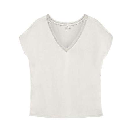 T-shirt manches courtes écru uni avec une coupe droite et un col v