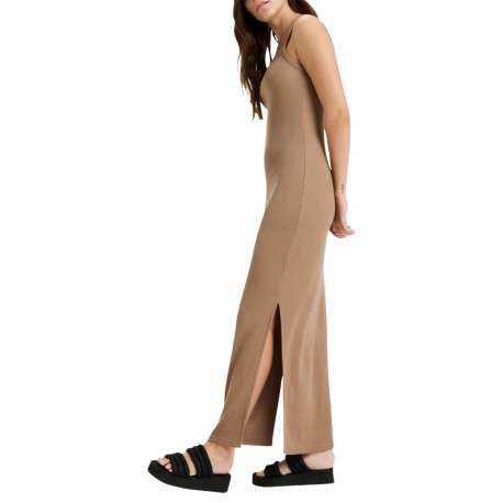 Robe longue taupe en maille côtelée avec une coupe ajustée et un col carré - Image 2