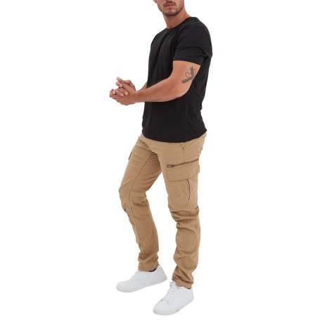 Cargo en coton beige uni à coupe regular fit et à poches à rabat sur les côtés - Image 3