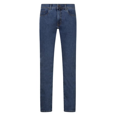 Jean 5 poches en coton indigo uni avec une coupe tapered et surpiqûres jaunes