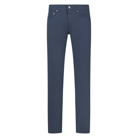 Pantalon 5 poches en coton bleu uni à coupe tapered avec logo métallique argenté