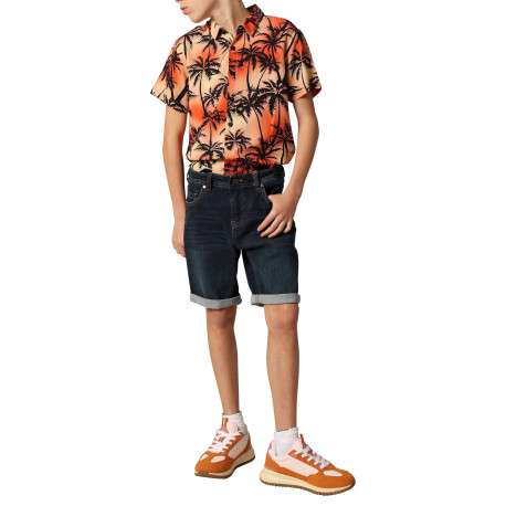 Short 5 poches en coton bleu uni à coupe regular fit avec des passants