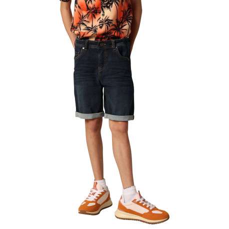 Short 5 poches en coton bleu uni à coupe regular fit avec des passants - Image 2
