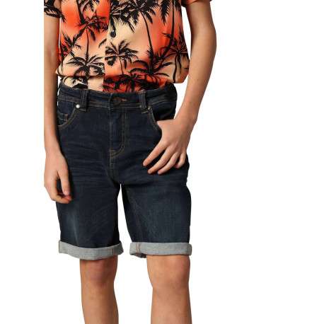 Short 5 poches en coton bleu uni à coupe regular fit avec des passants - Image 4
