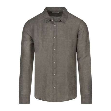 Chemise en lin kaki unie avec une coupe droite et un col à revers