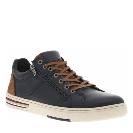 Sneakers en cuir marine avec des détails marrons et un zip à semelle plate