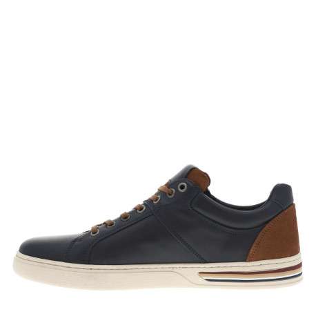 Sneakers en cuir marine avec des détails marrons et un zip à semelle plate
