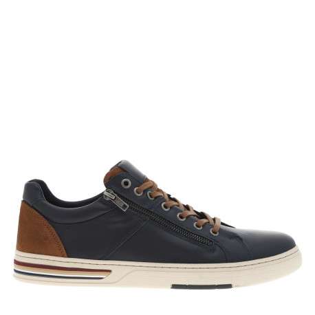 Sneakers en cuir marine avec des détails marrons et un zip à semelle plate - Image 2
