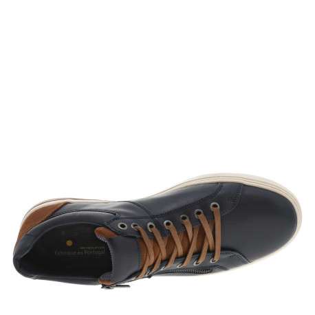 Sneakers en cuir marine avec des détails marrons et un zip à semelle plate - Image 4