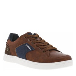 Tennis marrons et bleues marine à semelle plate blanche et à lacets plats