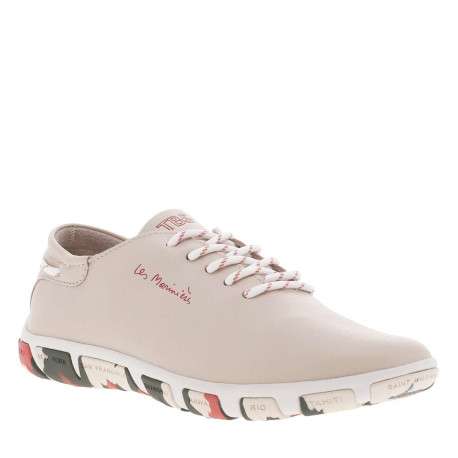 Tennis en cuir beiges à semelle plat multicolore et à lacets ronds rayés - Image 3