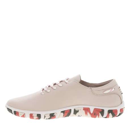 Tennis en cuir beiges à semelle plat multicolore et à lacets ronds rayés