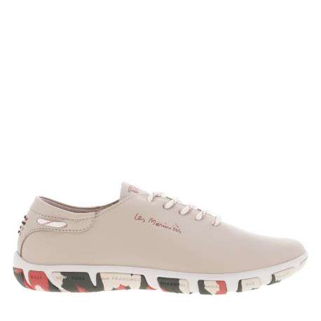 Tennis en cuir beiges à semelle plat multicolore et à lacets ronds rayés - Image 2