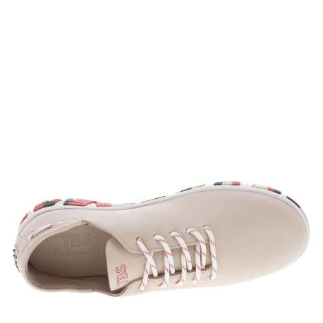 Tennis en cuir beiges à semelle plat multicolore et à lacets ronds rayés - Image 4
