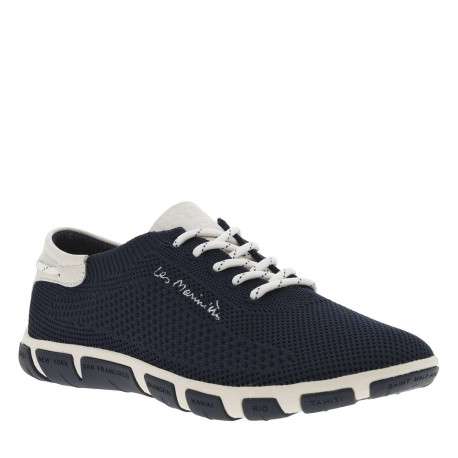 Tennis en cuir marine et écrues à semelle plate et à lacets ronds à rayures - Image 3