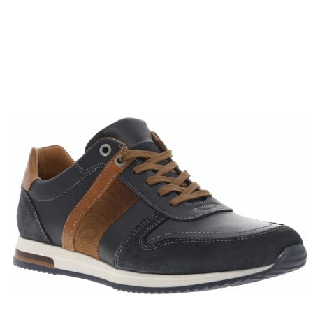 Sneakers en cuir marine et camel avec des surpiqûres grises à semelle plate