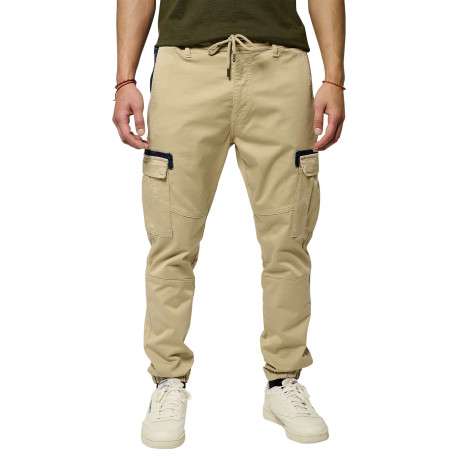 Cargo en coton beige uni à coupe regular fit avec un cordon à nouer à la taille