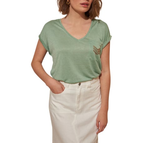 T-shirt manches courtes vert uni avec un col v et une coupe droite