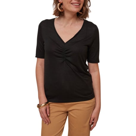 T-shirt manches courtes noir uni avec une coupe droite et un col v