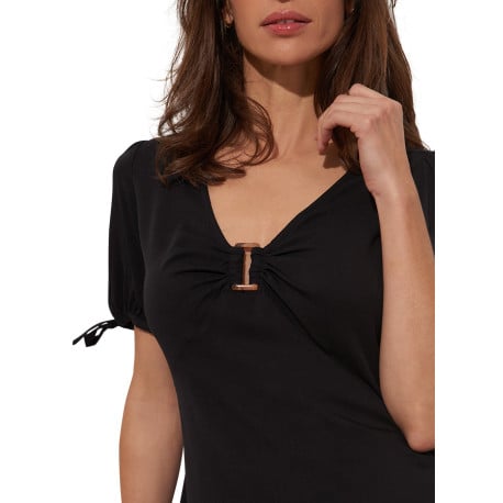 Top manches courtes noir uni avec un coupe droite et un col v - Image 2