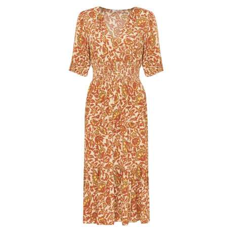 Robe courte brique fleurie à coupe droite avec un col v et des manches courtes
