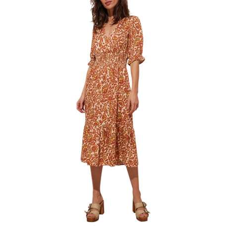Robe courte brique fleurie à coupe droite avec un col v et des manches courtes - Image 2