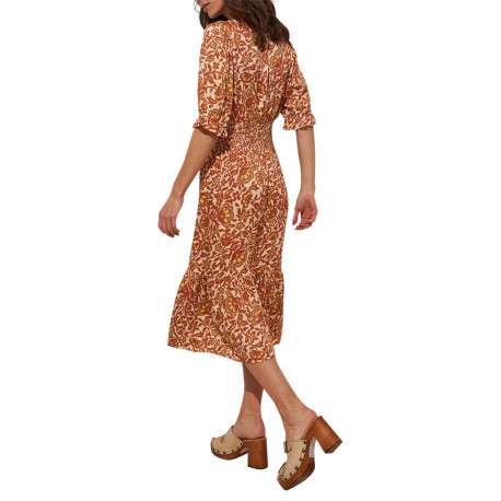 Robe courte brique fleurie à coupe droite avec un col v et des manches courtes - Image 3