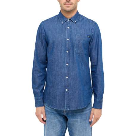 Chemise en coton bleue brut aspect denim à coupe slim fit et à col américain - Image 3