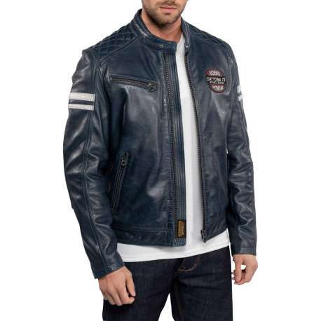 Blouson en cuir bleu marine uni avec des poches zippées et à coupe ajustée - Image 2