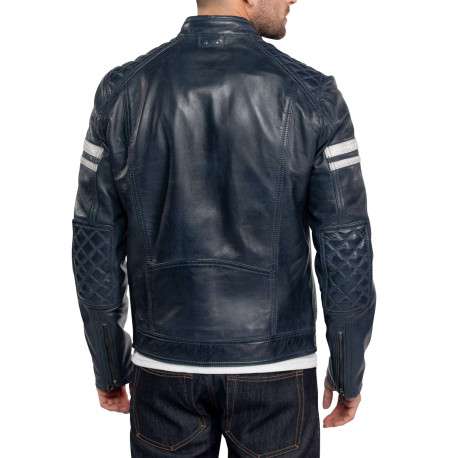 Blouson en cuir bleu marine uni avec des poches zippées et à coupe ajustée - Image 3