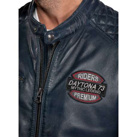 Blouson en cuir bleu marine uni avec des poches zippées et à coupe ajustée - Image 4