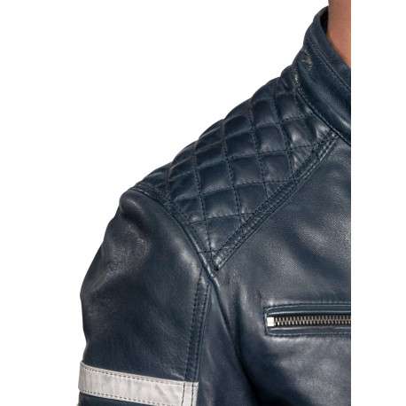 Blouson en cuir bleu marine uni avec des poches zippées et à coupe ajustée - Image 5
