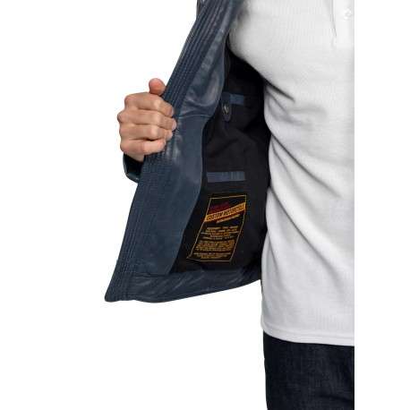 Blouson en cuir bleu marine uni avec des poches zippées et à coupe ajustée - Image 7