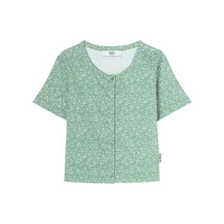 T-shirt manches courtes vert fleuri avec une coupe droite et un col rond
