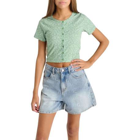 T-shirt manches courtes vert fleuri avec une coupe droite et un col rond - Image 2