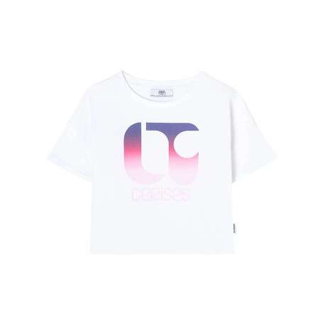 T-shirt en coton blanc à motif avec une coupe droite et un col rond