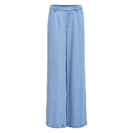 Pantalon chino bleu aspect denim à coupe large et longue et à taille élastiquée