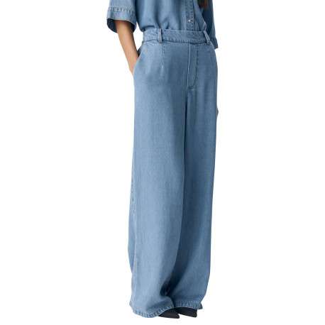 Pantalon chino bleu aspect denim à coupe large et longue et à taille élastiquée - Image 3