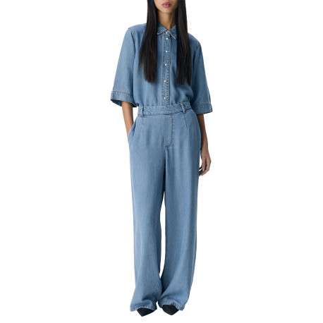 Pantalon chino bleu aspect denim à coupe large et longue et à taille élastiquée - Image 4