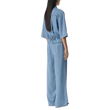 Pantalon chino bleu aspect denim à coupe large et longue et à taille élastiquée - Image 5