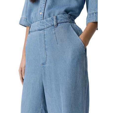 Pantalon chino bleu aspect denim à coupe large et longue et à taille élastiquée - Image 6