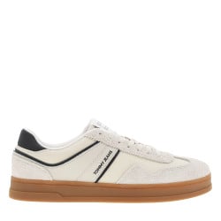 Tennis en cuir écrues à détails bleus marine à semelle plate et à lacets plats