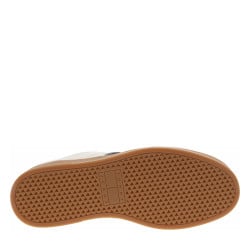 Tennis en cuir écrues à détails bleus marine à semelle plate et à lacets plats