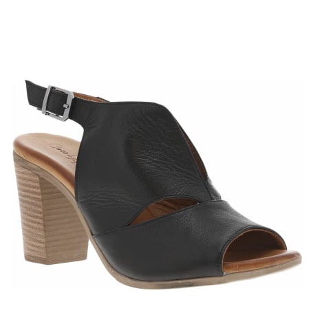 Sandales en cuir noires à talon décroché haut aspect bois et à boucle à ardillon