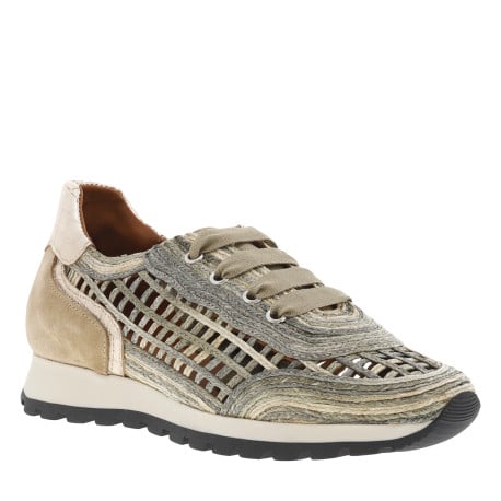 Baskets running kakis ajourées en cordes tressées et à talon compensé bas