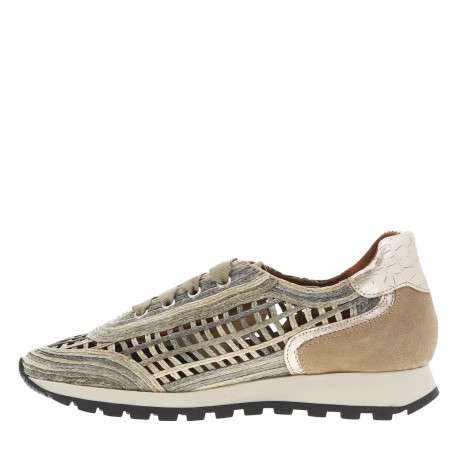 Baskets running kakis ajourées en cordes tressées et à talon compensé bas