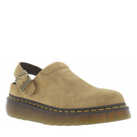 Sabots en cuir taupe à semelle plate et à fermeture boucle à ardillon